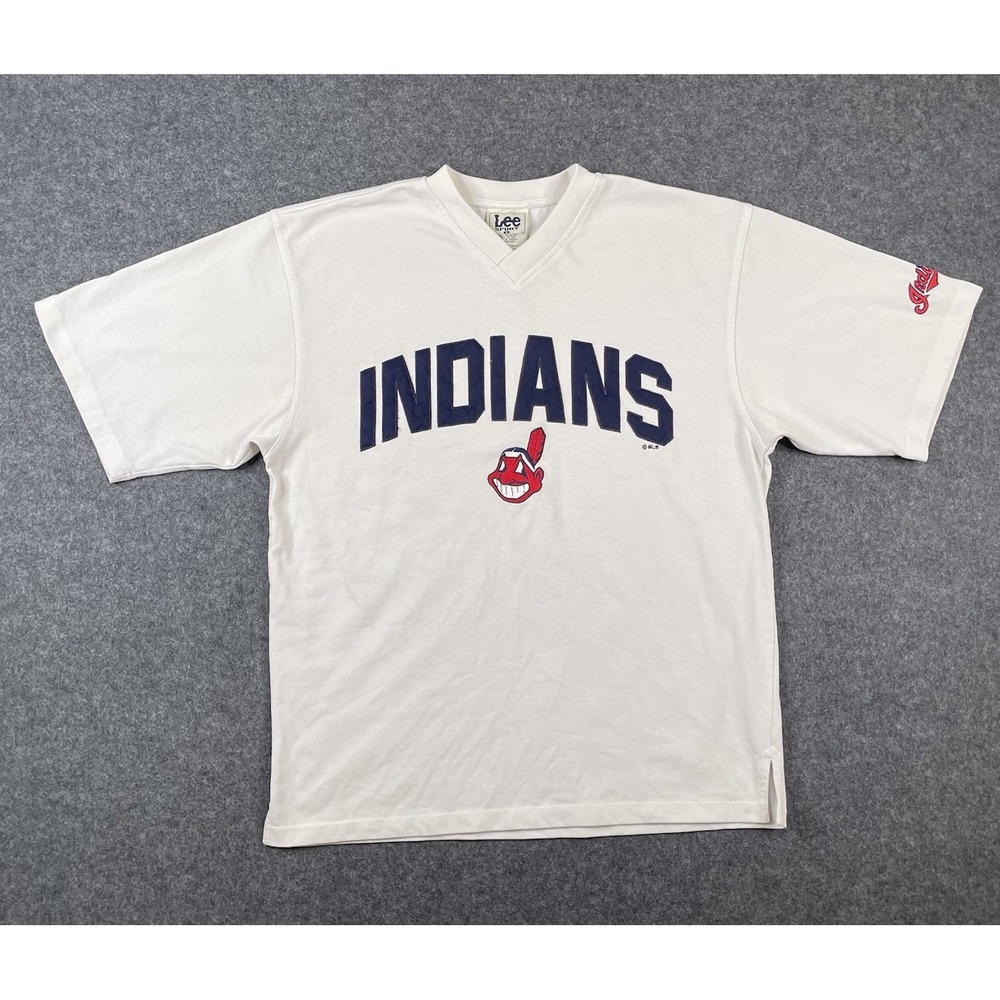 Vintage Cleveland Indians Wahoo T Shirt Men L White V Neck Lee Sport Embroidered